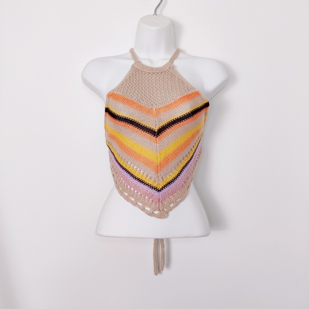 Love Knits Crochet Halter Top Multicolor Chevron Pattern NEW Beach Resortwear